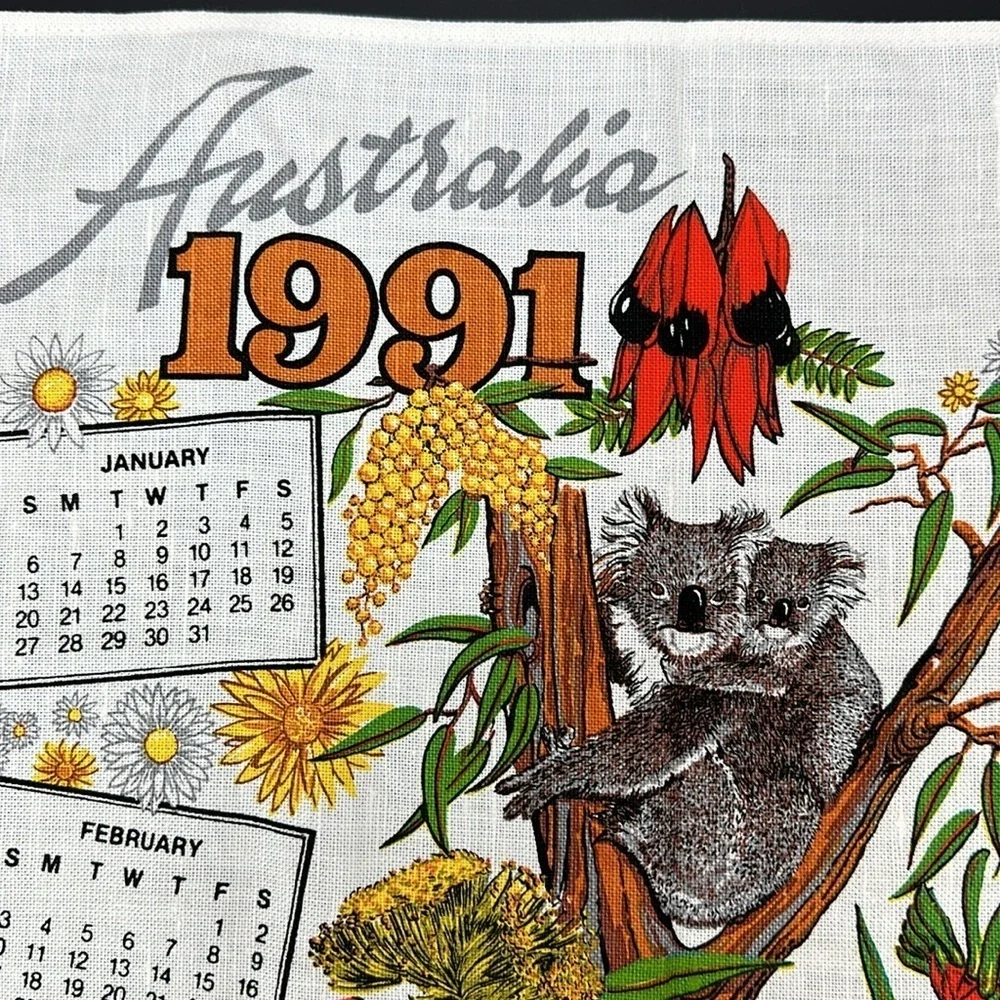 Australia 90s Kitchen Calendar Tea Towel Linen Blend Koala Kangaroo Parrot‎ 1991